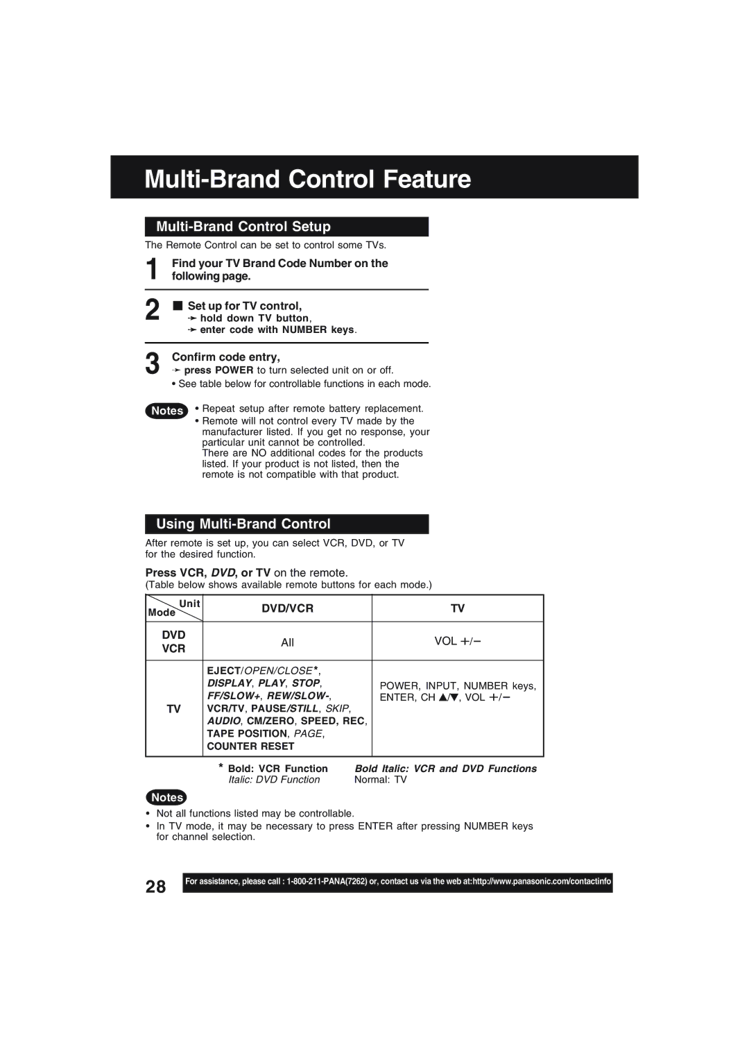 Technics PV-D4754S manual Multi-Brand Control Feature, Multi-Brand Control Setup, Using Multi-Brand Control, Dvd/Vcr 