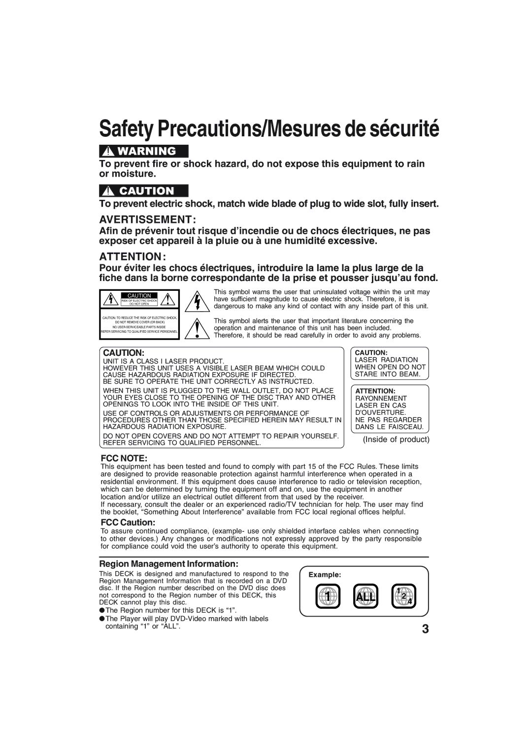 Technics PV-D4754S manual FCC Caution, Region Management Information, Inside of product, Example 