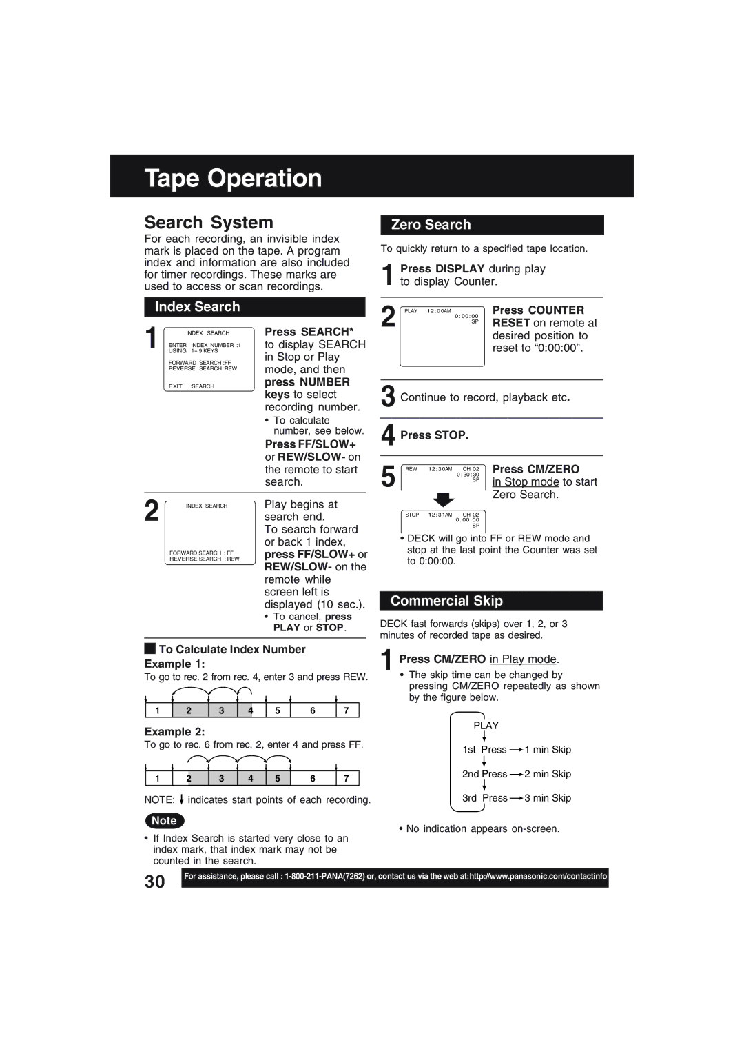 Technics PV-D4754S manual Tape Operation, Index Search, Zero Search, Commercial Skip 