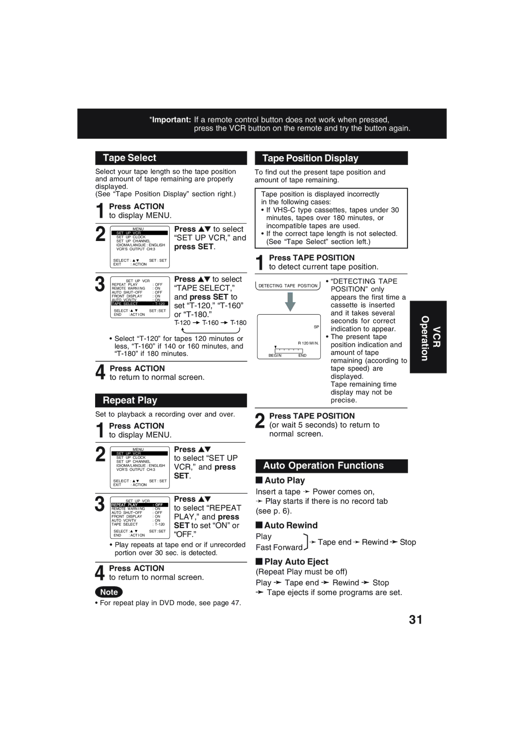 Technics PV-D4754S manual Tape Select, Tape Position Display, Repeat Play, Auto Operation Functions 