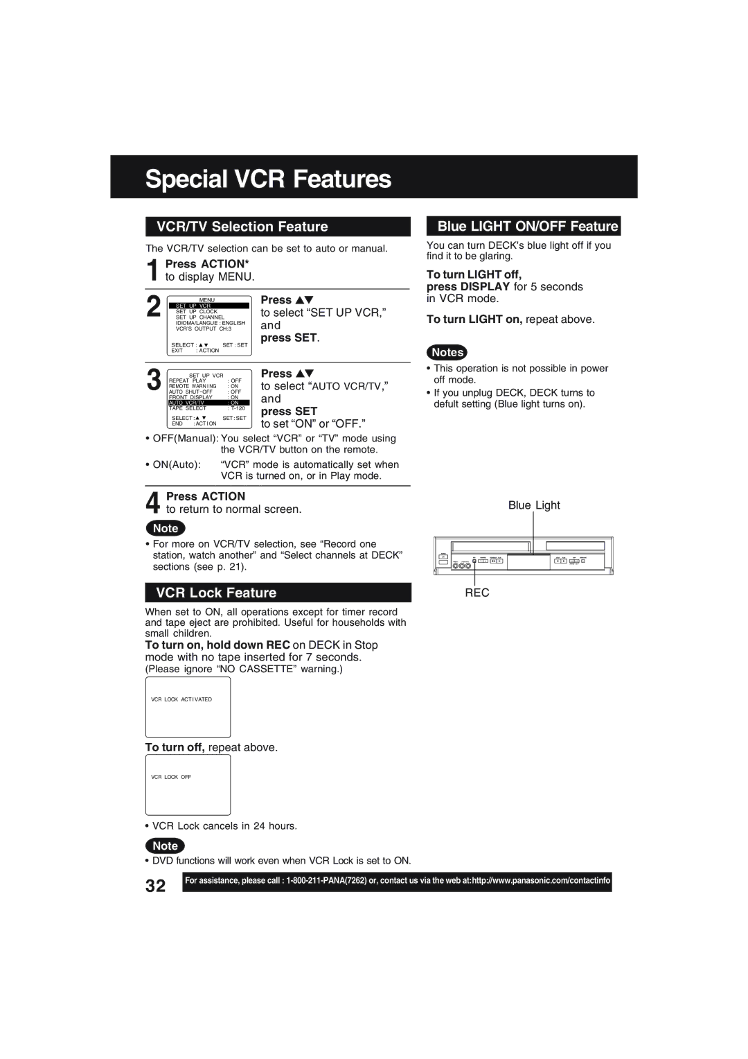 Technics PV-D4754S manual Special VCR Features, VCR/TV SelectionrFeature, Blue Light ON/OFF Feature, VCR Lock Feature 