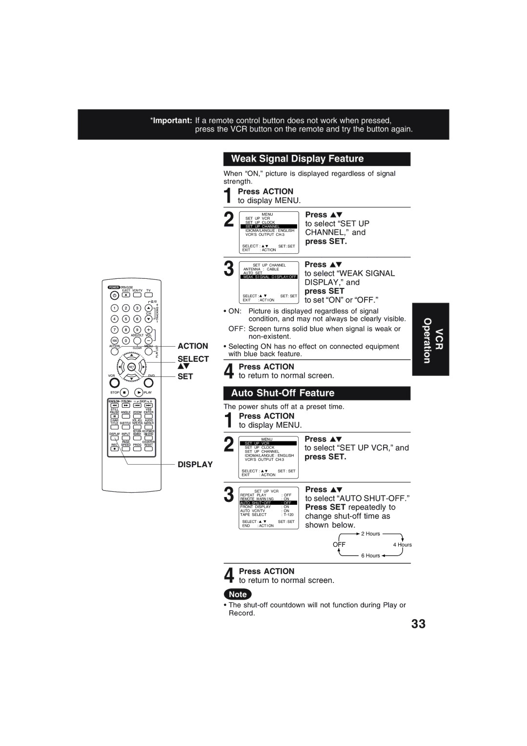 Technics PV-D4754S manual Weak Signal Display Feature, Auto Shut-Off Feature, Action Select SET Display 