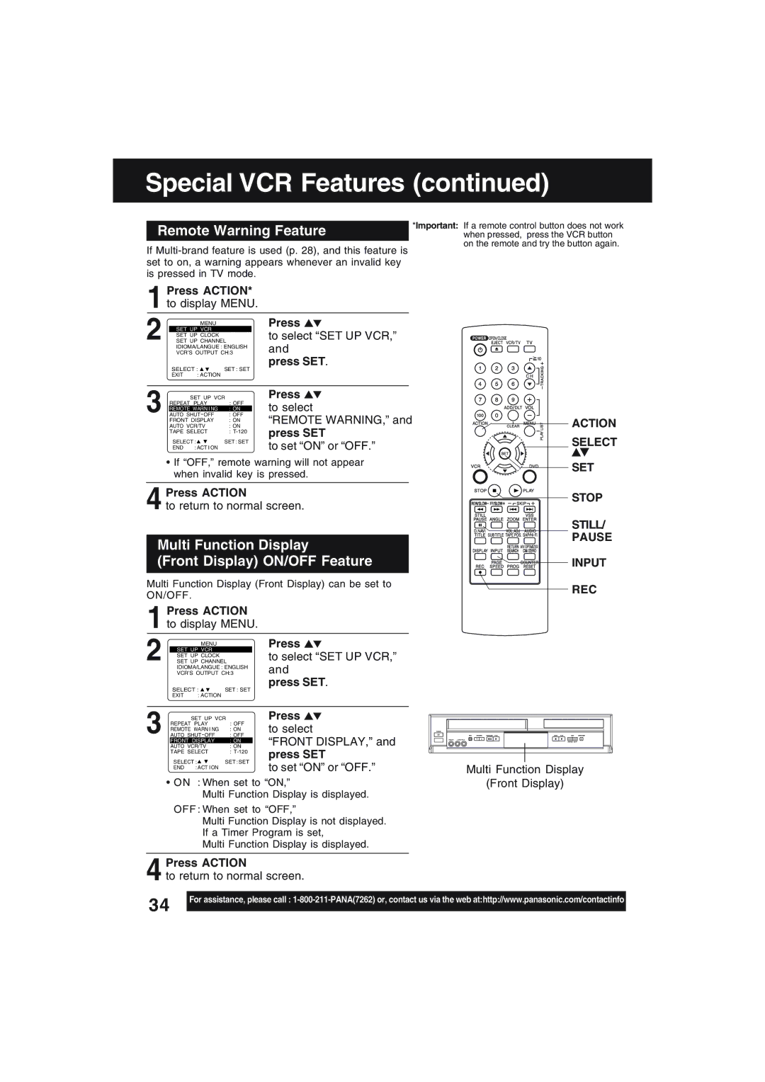 Technics PV-D4754S manual Multi Function Display Front Display ON/OFF Feature, Action, Stop Still Pause Input REC 