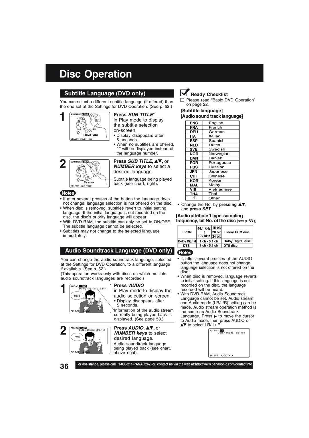 Technics PV-D4754S manual Disc Operation, Subtitle Language DVD only, Audio Soundtrack Language DVD only 