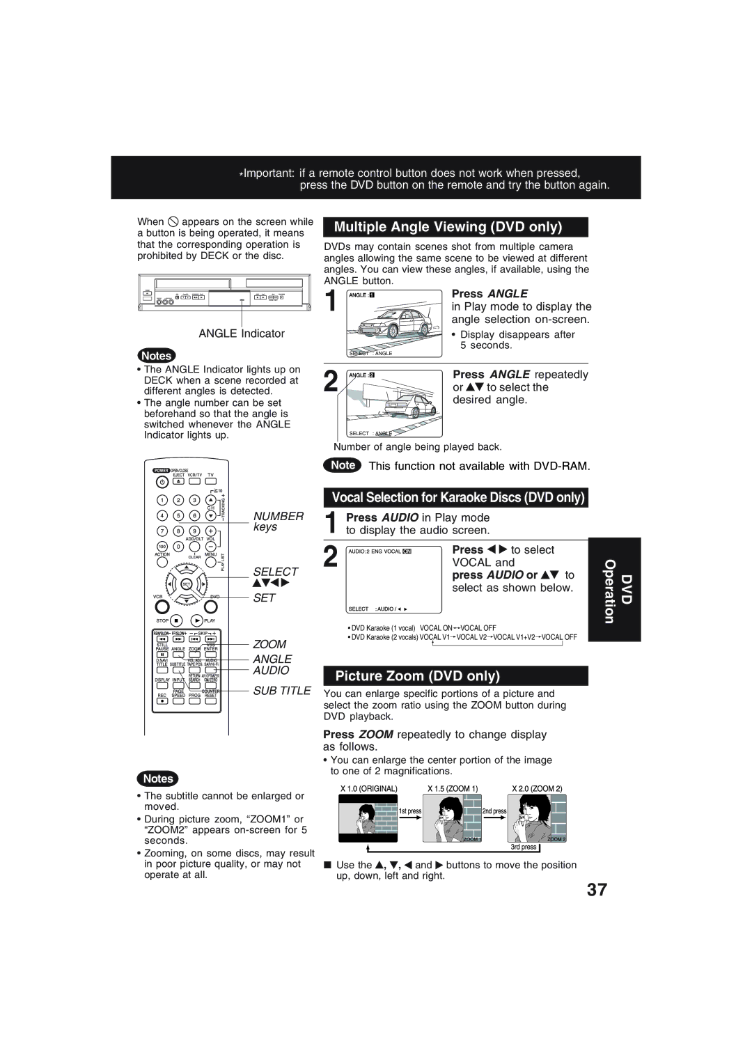 Technics PV-D4754S manual Multiple Angle Viewing DVD only, Picture Zoom DVD only, DVD Operation 