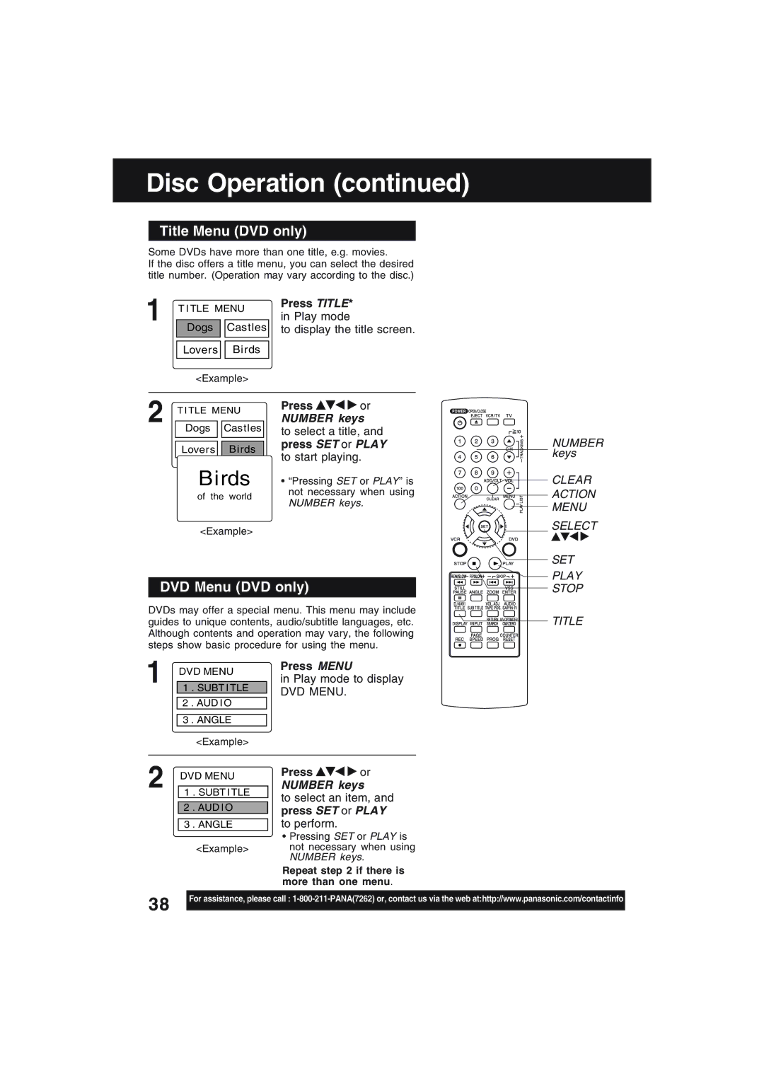 Technics PV-D4754S manual Title Menu DVD only, DVD Menu DVD only, Press SET or Play 