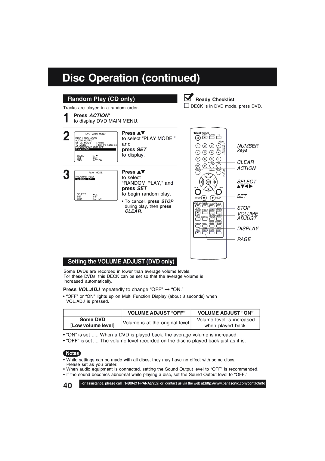 Technics PV-D4754S manual Random Play CD only, Setting the Volume Adjust DVD only, Press to select 