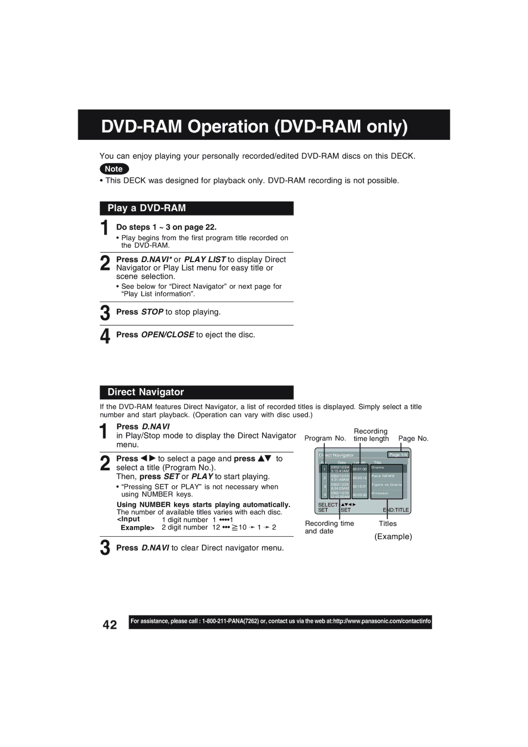 Technics PV-D4754S manual DVD-RAM Operation DVD-RAM only, Play a DVD-RAM, Direct Navigator, Do steps 1 ~ 3 on, Press D.NAVI 