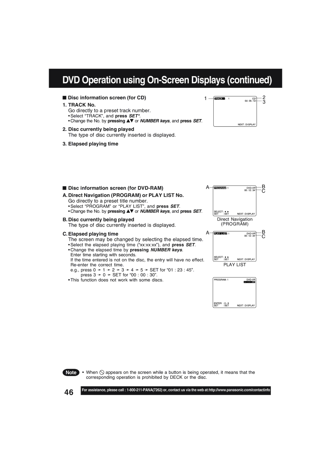 Technics PV-D4754S manual Disc information screen for CD Track No, Select TRACK, and press SET Change the No. by pressing 