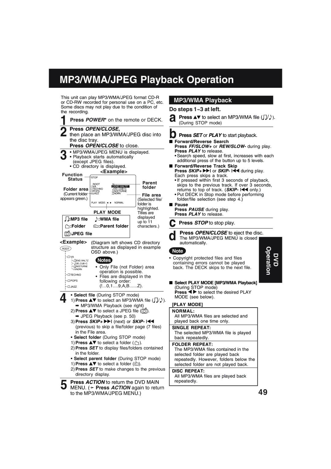 Technics PV-D4754S manual MP3/WMA Playback, Do steps 1~3 at left, Press OPEN/CLOSE to close 