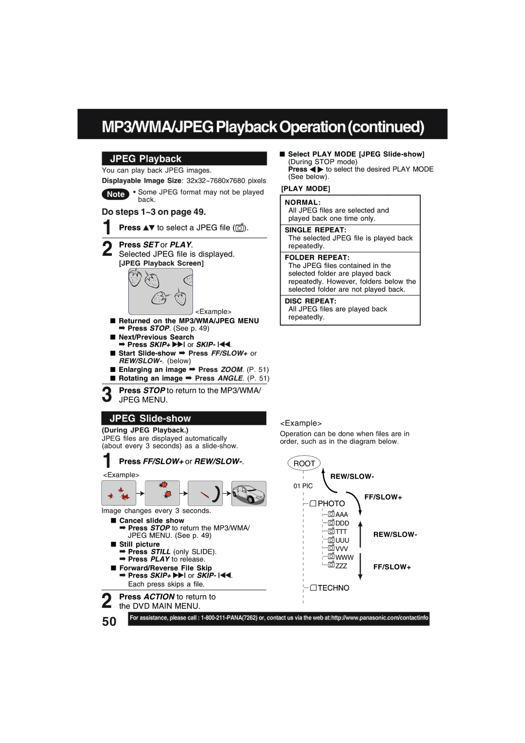 Technics PV-D4754S manual Jpeg Playback, Jpeg Slide-show, Do steps 1~3 on, Press FF/SLOW+ or REW/SLOW 