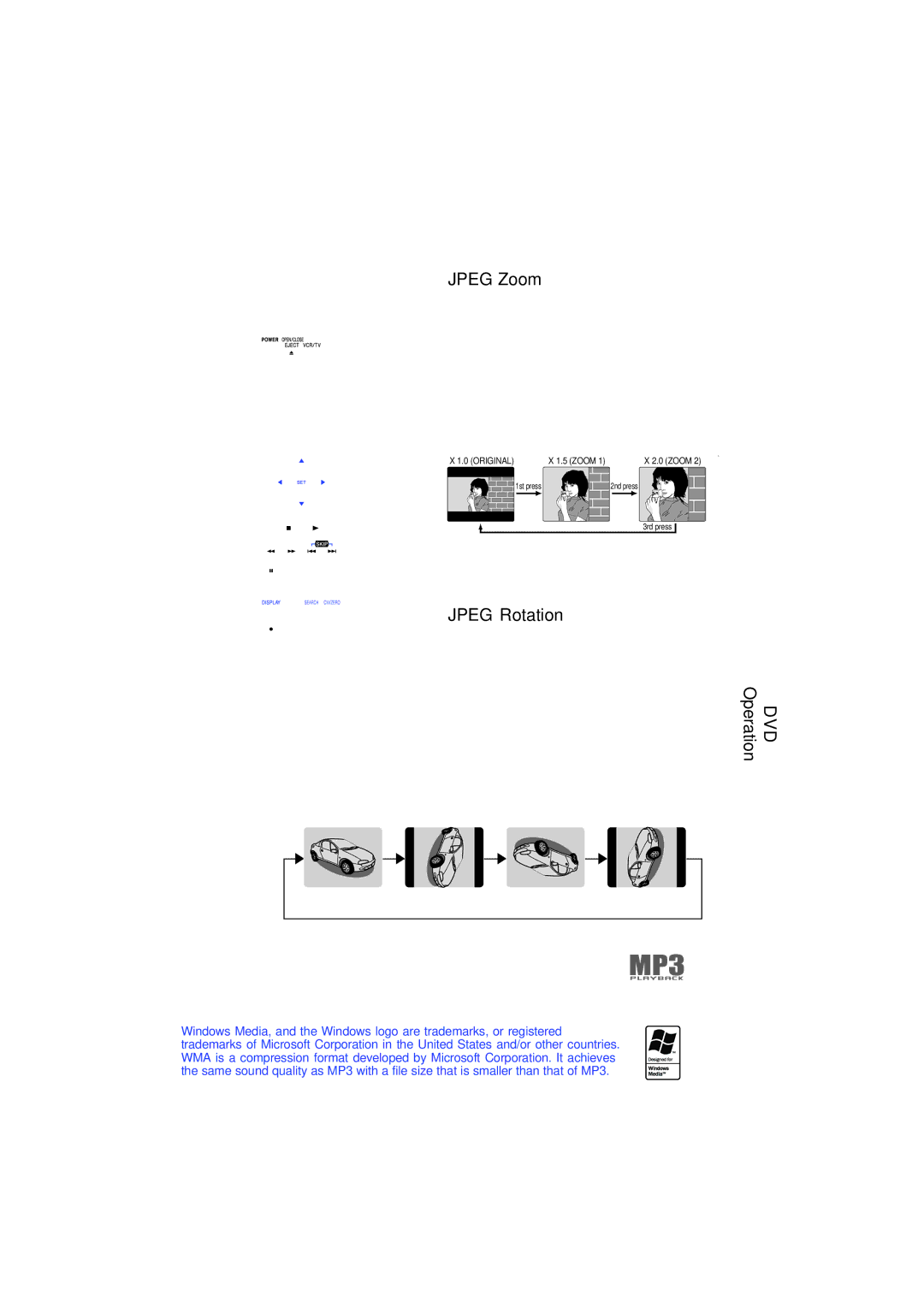 Technics PV-D4754S manual Jpeg Zoom, Jpeg Rotation, Set Zoom size, Set rotation 