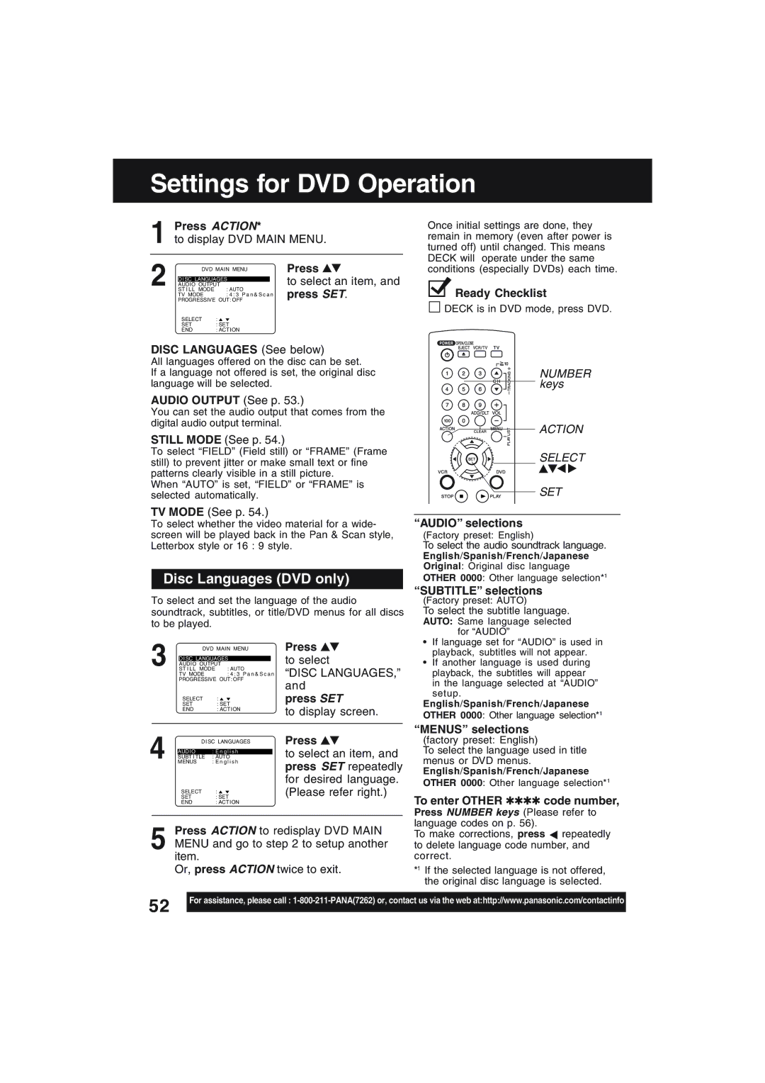 Technics PV-D4754S manual Settings for DVD Operation, Disc Languages DVD only 