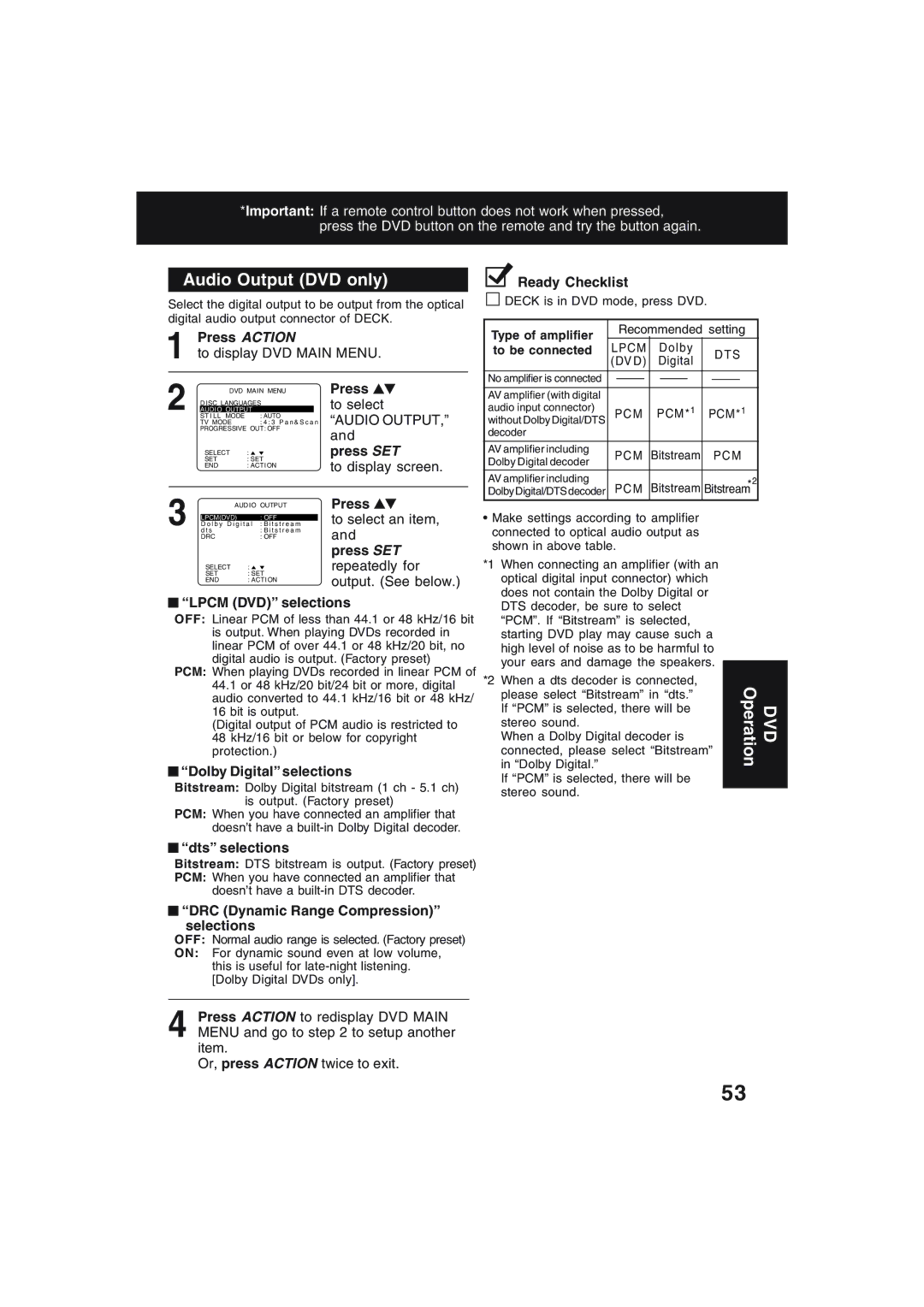 Technics PV-D4754S manual Audio Output DVD only 