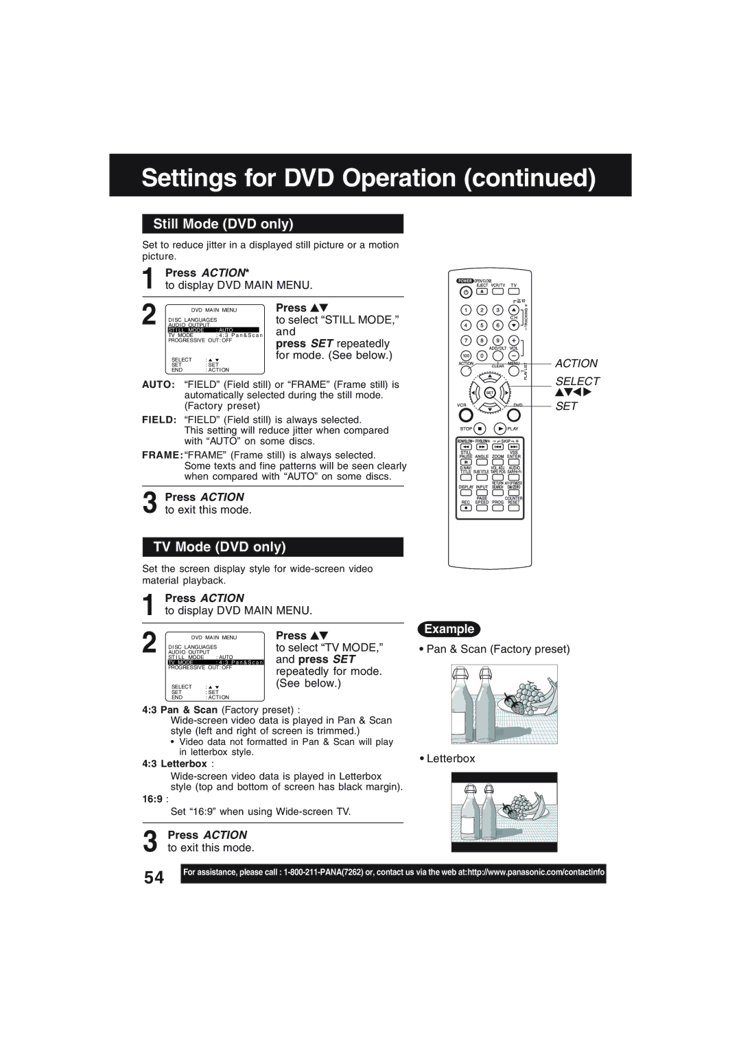 Technics PV-D4754S manual Still Mode DVD only, TV Mode DVD only, Example, Press Action to exit this mode 