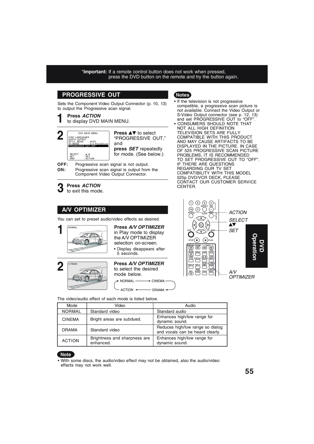 Technics PV-D4754S manual Press A/V Optimizer, Selection on-screen, To select the desired, Mode below 