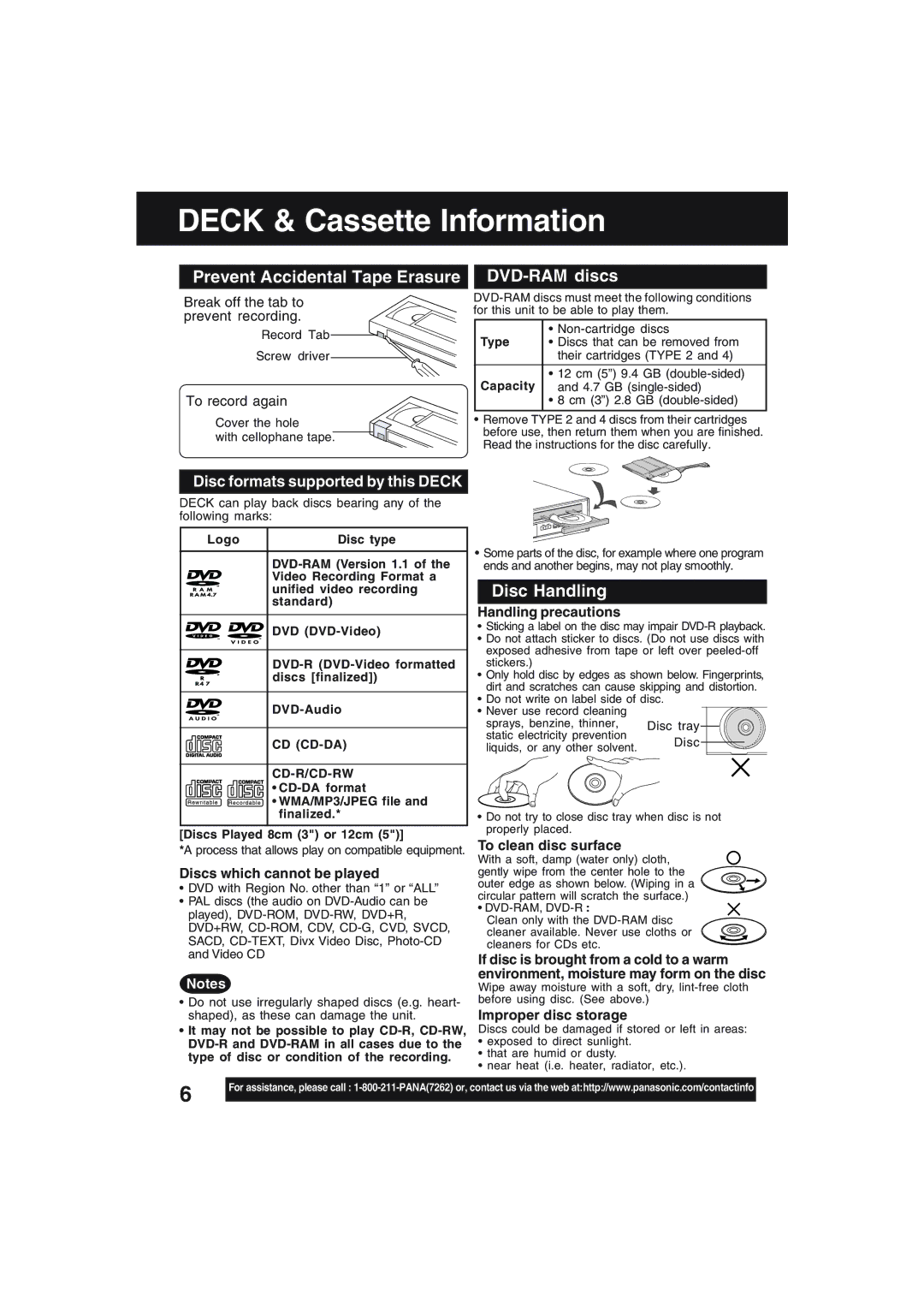 Technics PV-D4754S manual Deck & Cassette Information, Prevent Accidental Tape Erasure DVD-RAM discs, Disc Handling 