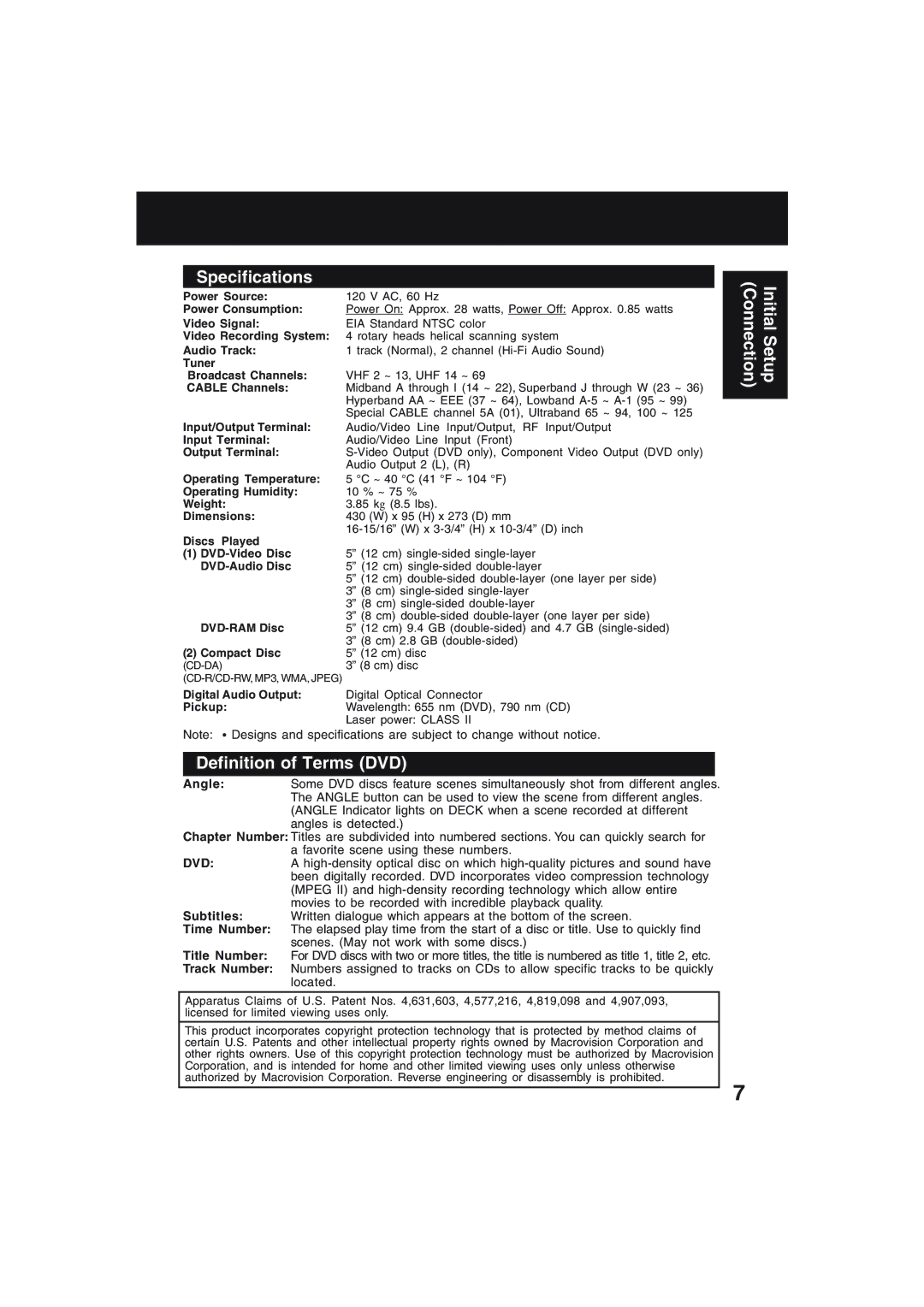 Technics PV-D4754S manual Specifications, Definition of Terms DVD 