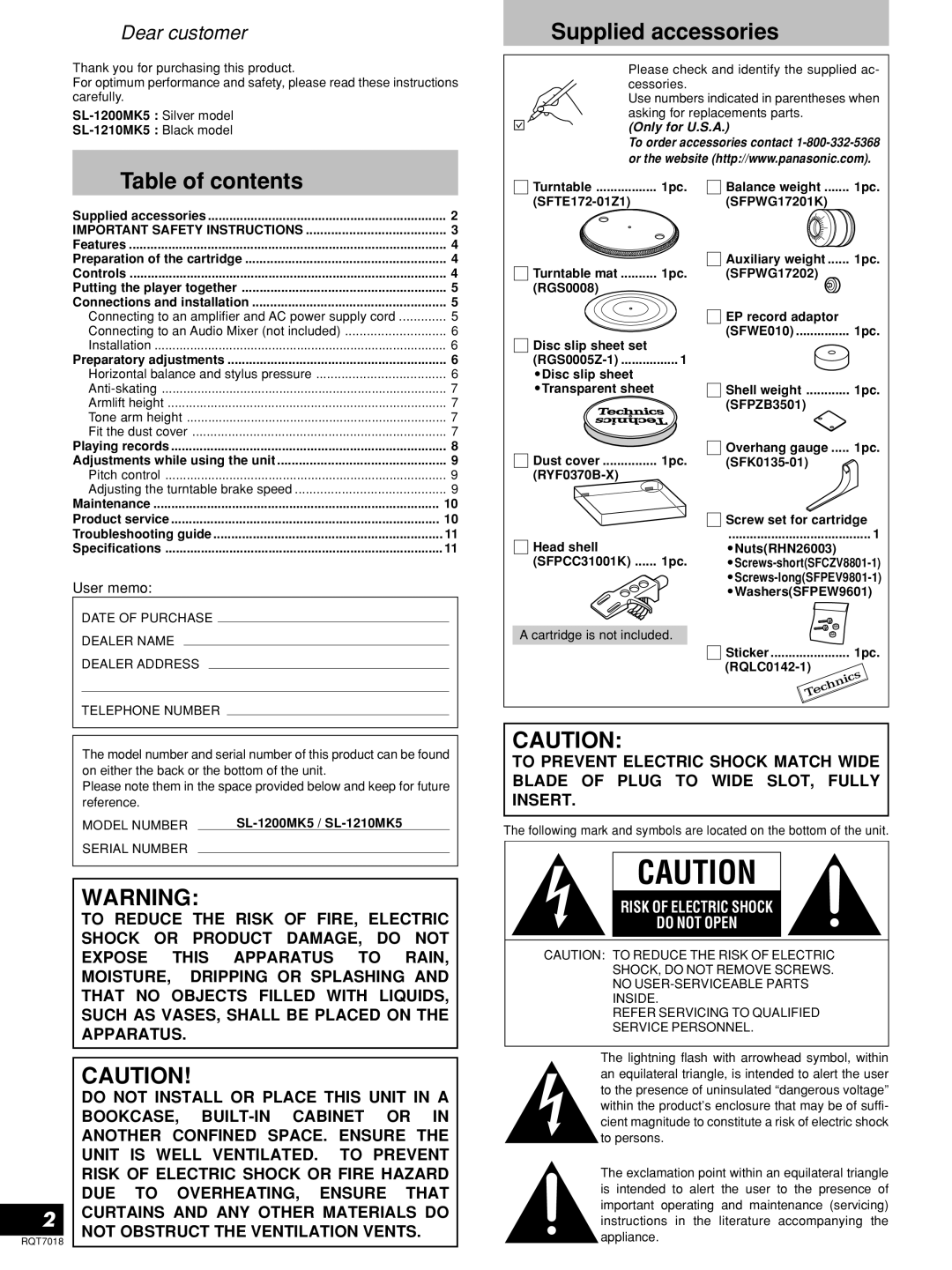 Technics RQT7018-1Y, SL-1200MK5 manual Table of contents, Supplied accessories 