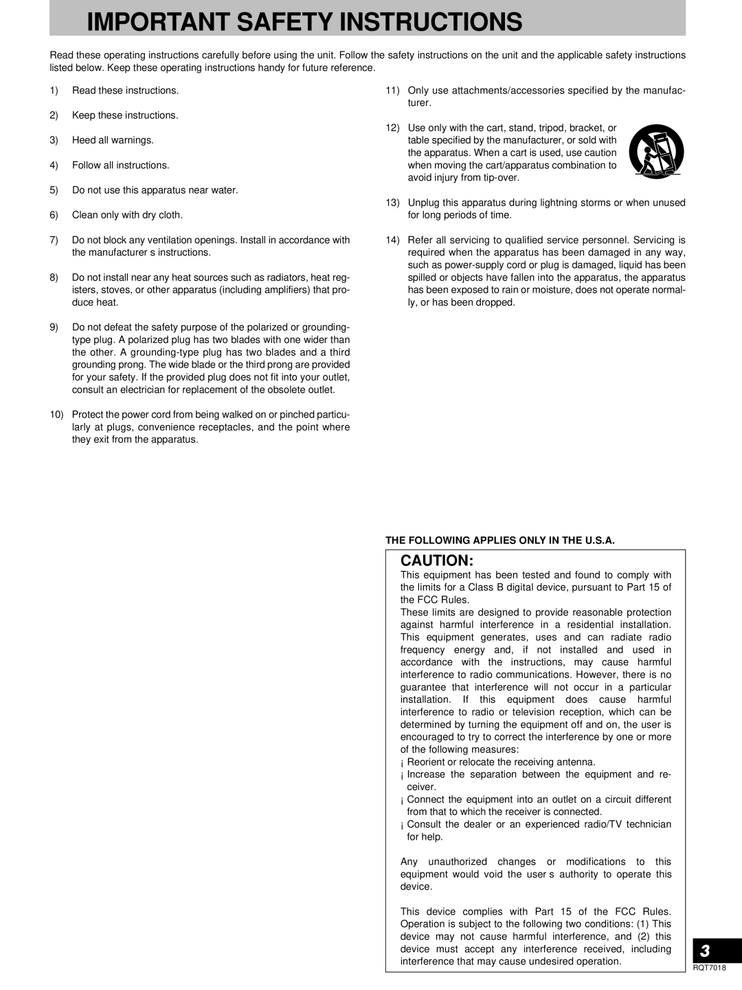 Technics SL-1200MK5, RQT7018-1Y manual Important Safety Instructions 