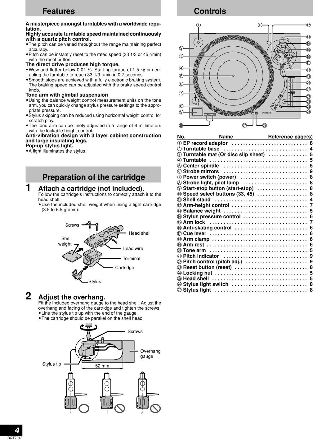 Technics RQT7018-1Y Features, Preparation of the cartridge, Controls, Attach a cartridge not included, Adjust the overhang 