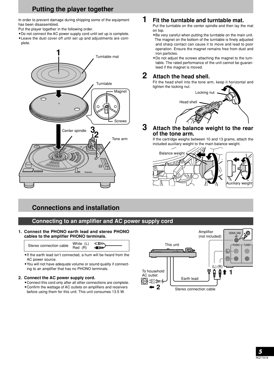 Technics SL-1200MK5, RQT7018-1Y manual Putting the player together, Connections and installation 