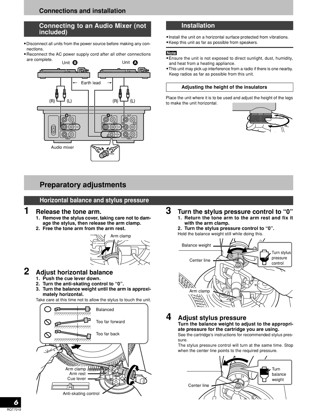 Technics RQT7018-1Y, SL-1200MK5 manual Preparatory adjustments, Connecting to an Audio Mixer not included, Installation 