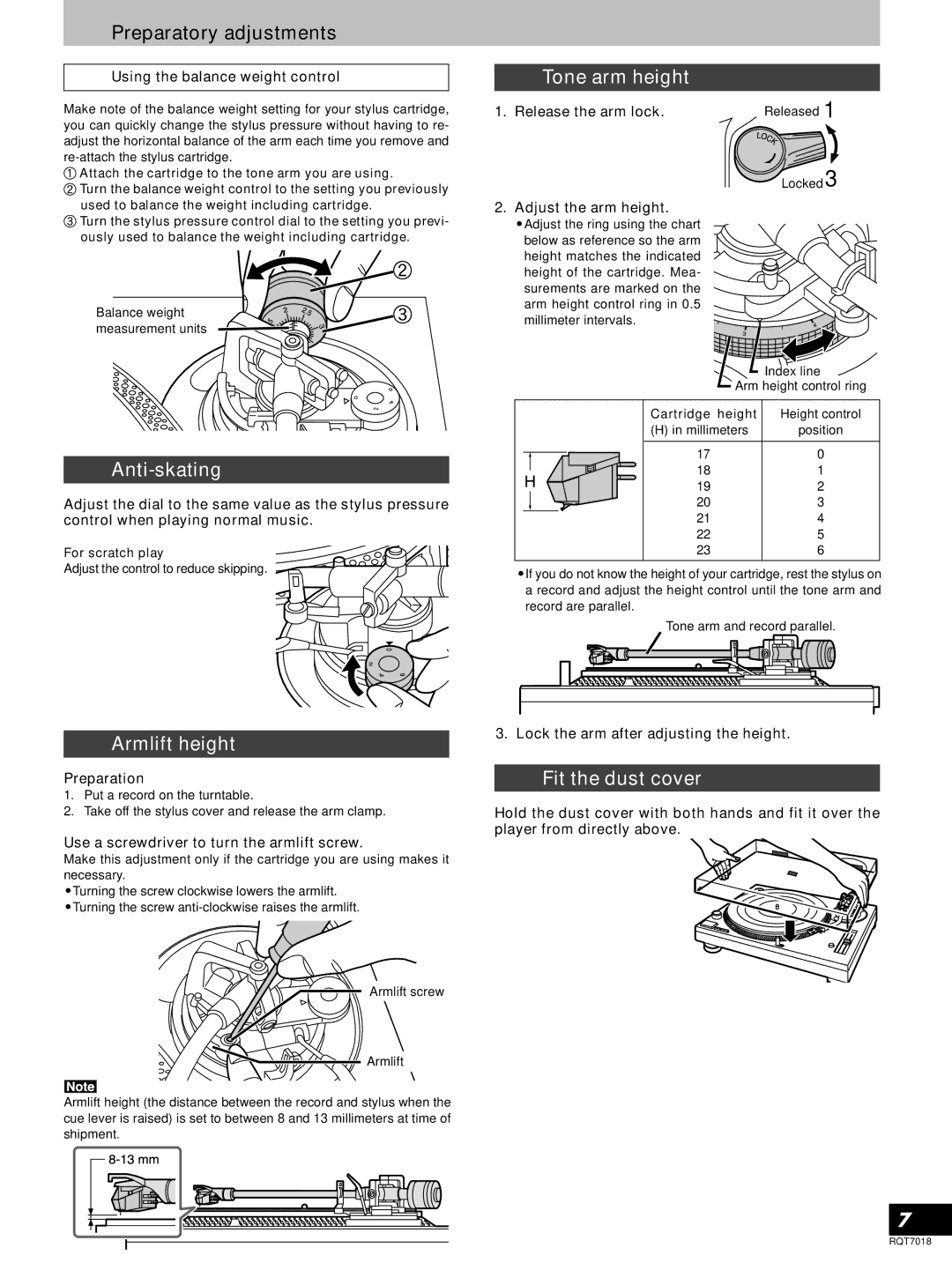 Technics SL-1200MK5, RQT7018-1Y Preparatory adjustments, Tone arm height, Anti-skating, Armlift height, Fit the dust cover 