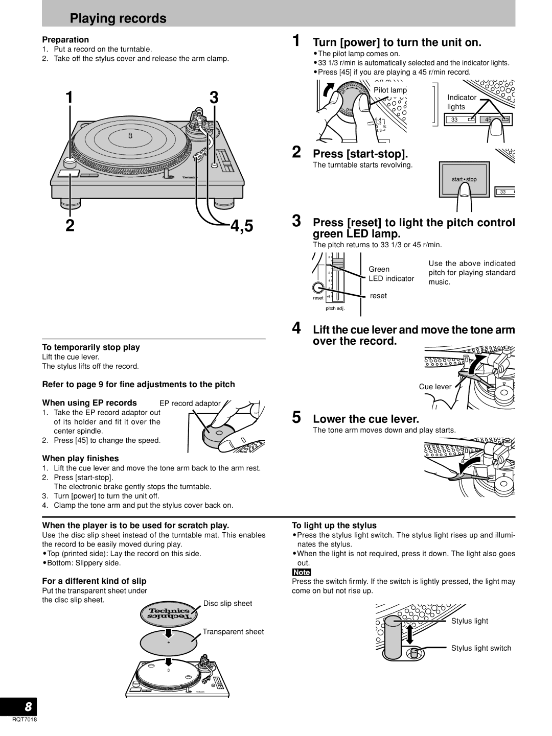 Technics RQT7018-1Y, SL-1200MK5 manual Playing records 