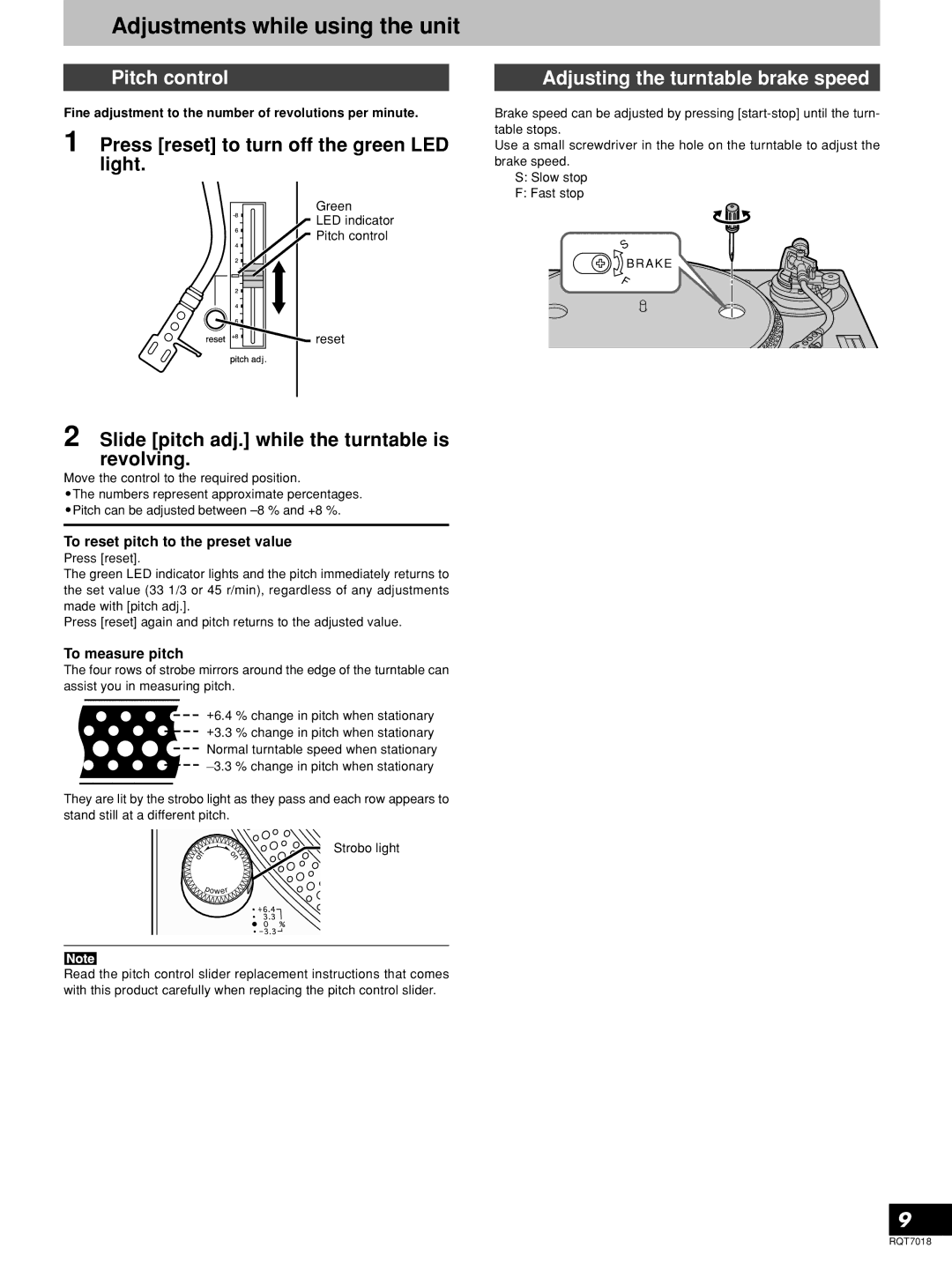 Technics SL-1200MK5 manual Adjustments while using the unit, Pitch control, Press reset to turn off the green LED light 