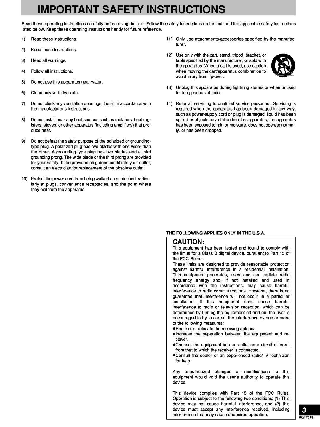 Technics SL-1200MK5, RQT7018-1Y manual Important Safety Instructions, The Following Applies Only In The U.S.A 