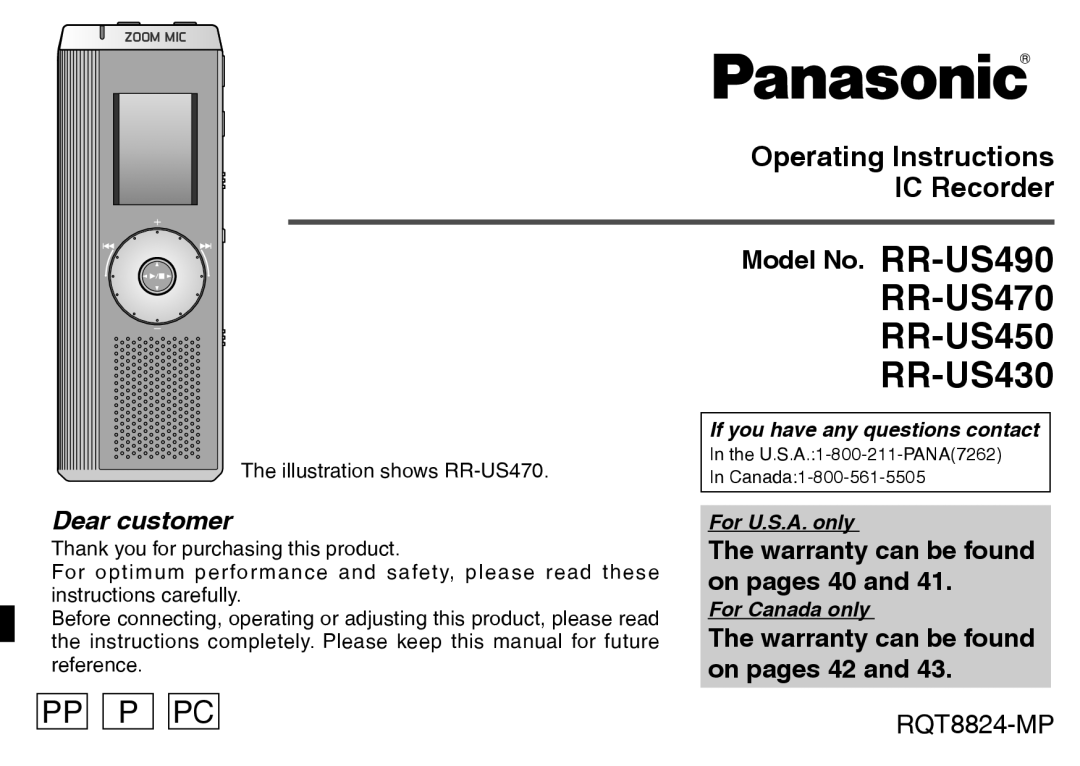 Technics RR-US470 warranty Operating Instructions IC Recorder Model No. RR-US490, Warranty can be found on pages 40 