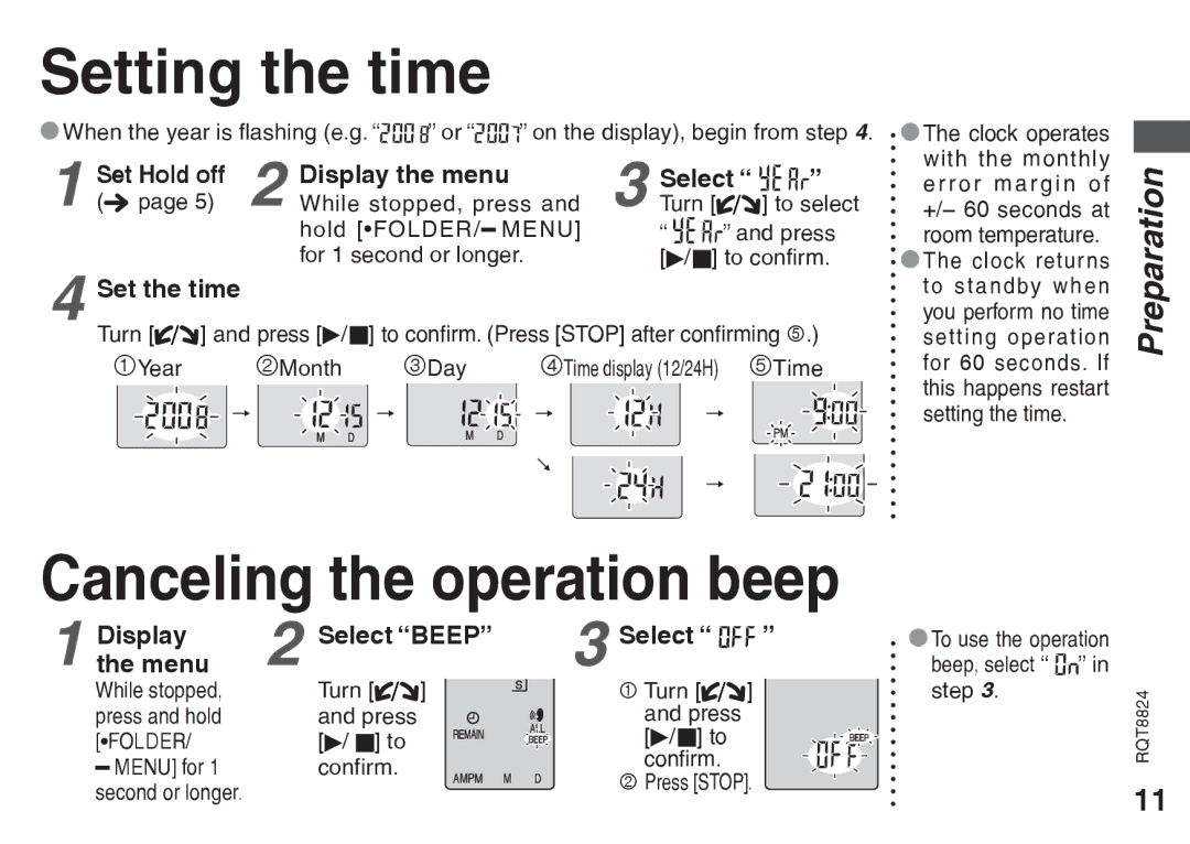 Technics RR-US430 Setting the time, Canceling the operation beep, Set Hold off Display the menu Select, Set the time 