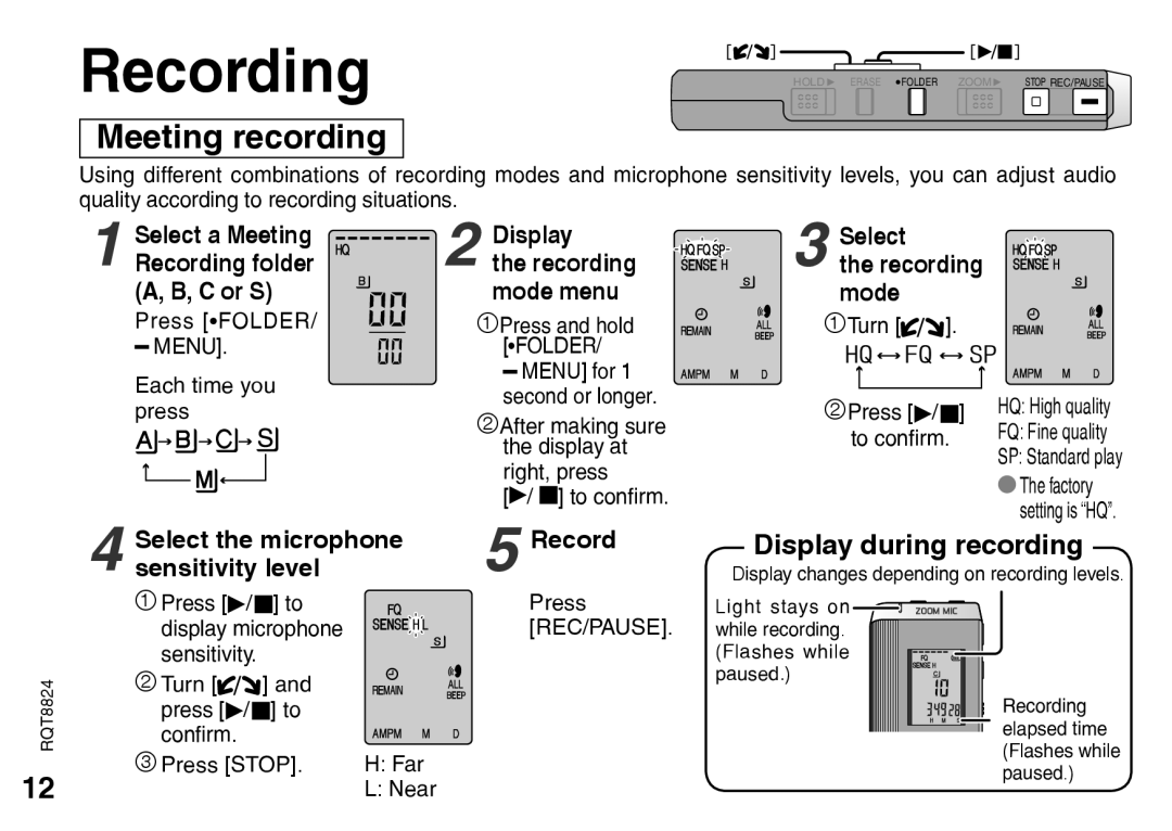 Technics RR-US490 warranty Display during recording, Select the microphone Record Sensitivity level, Menu Folder, Rec/Pause 