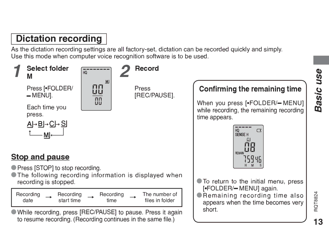 Technics RR-US470, RR-US490, RR-US450 Stop and pause, MSelect folder Record, Confirming the remaining time, Menu REC/PAUSE 