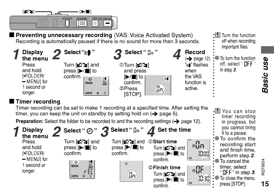 Technics RR-US430 Preventing unnecessary recording VAS Voice Activated System, Display Select Record Menu, Timer recording 