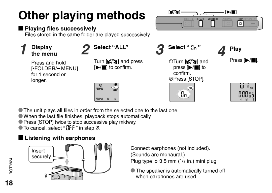 Technics RR-US450, RR-US490, RR-US470 Playing files successively, TheDisplaymenu Select ALL Play, Listening with earphones 