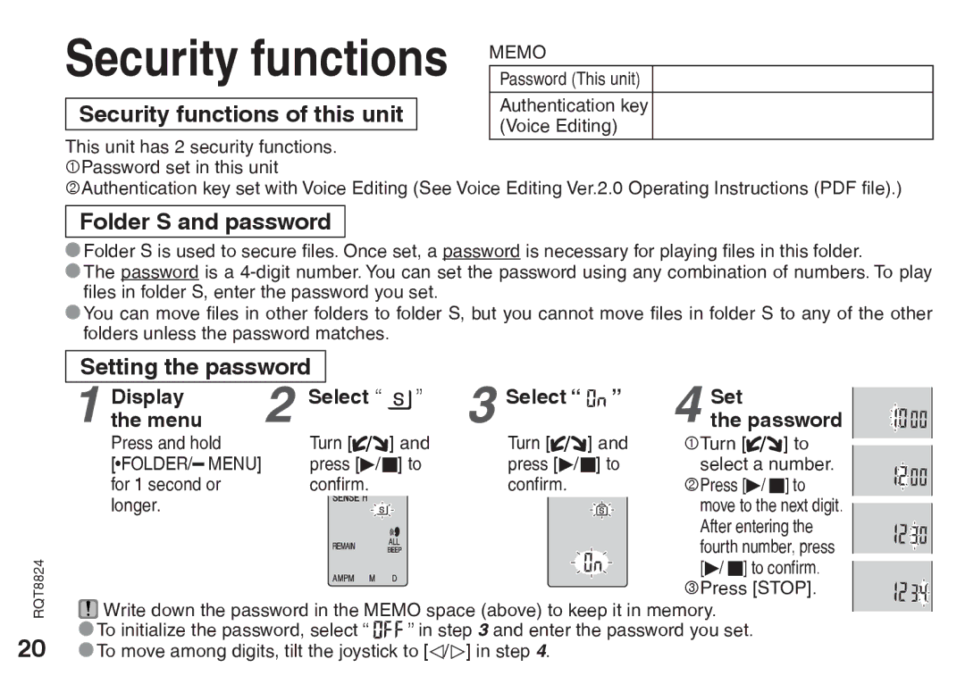 Technics RR-US490 Security functions of this unit, Folder S and password, Setting the password, TheDisplaymenu Select 