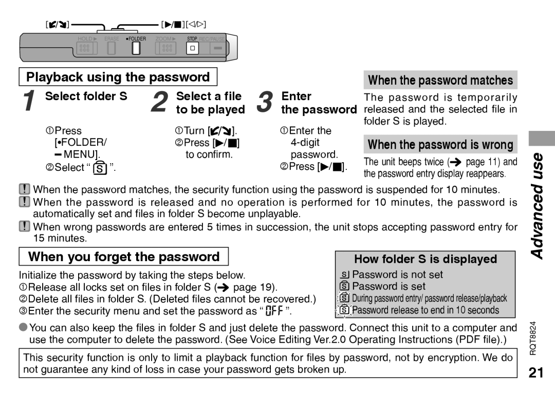 Technics RR-US470, RR-US490 Playback using the password, When you forget the password, How folder S is displayed, Menu 