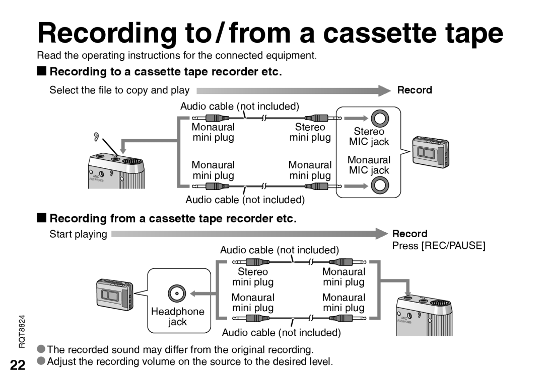 Technics RR-US450, RR-US490, RR-US470 warranty Recording to / from a cassette tape, Recording to a cassette tape recorder etc 