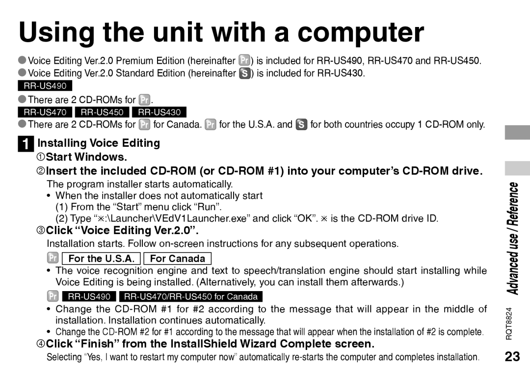 Technics RR-US430, RR-US490, RR-US470 Using the unit with a computer, 3Click Voice Editing Ver.2.0, There are 2 CD-ROMs for 