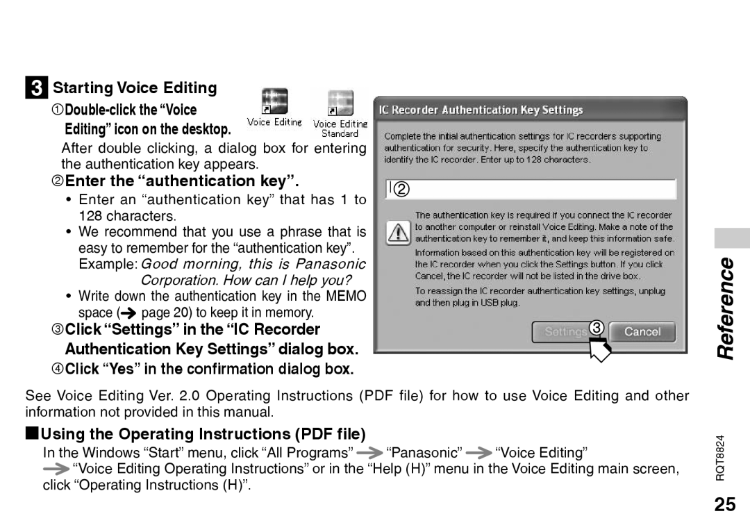 Technics RR-US470 Editing icon on the desktop, 2Enter the authentication key, 4Click Yes in the confirmation dialog box 