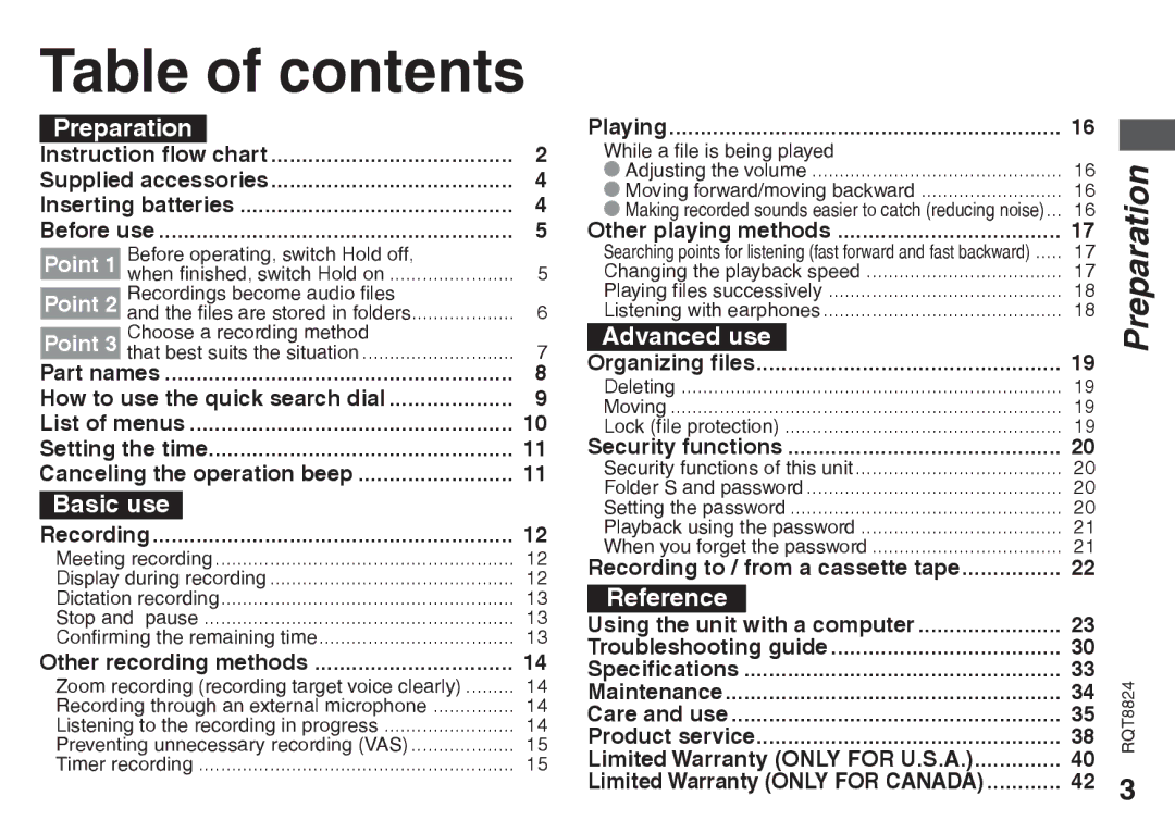 Technics RR-US430, RR-US490, RR-US470, RR-US450 warranty Table of contents 