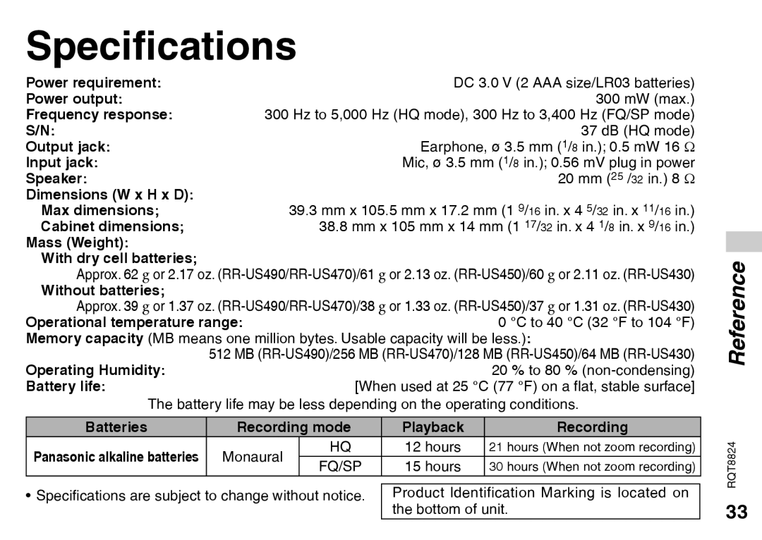 Technics RR-US470, RR-US490, RR-US450, RR-US430 warranty Specifications 