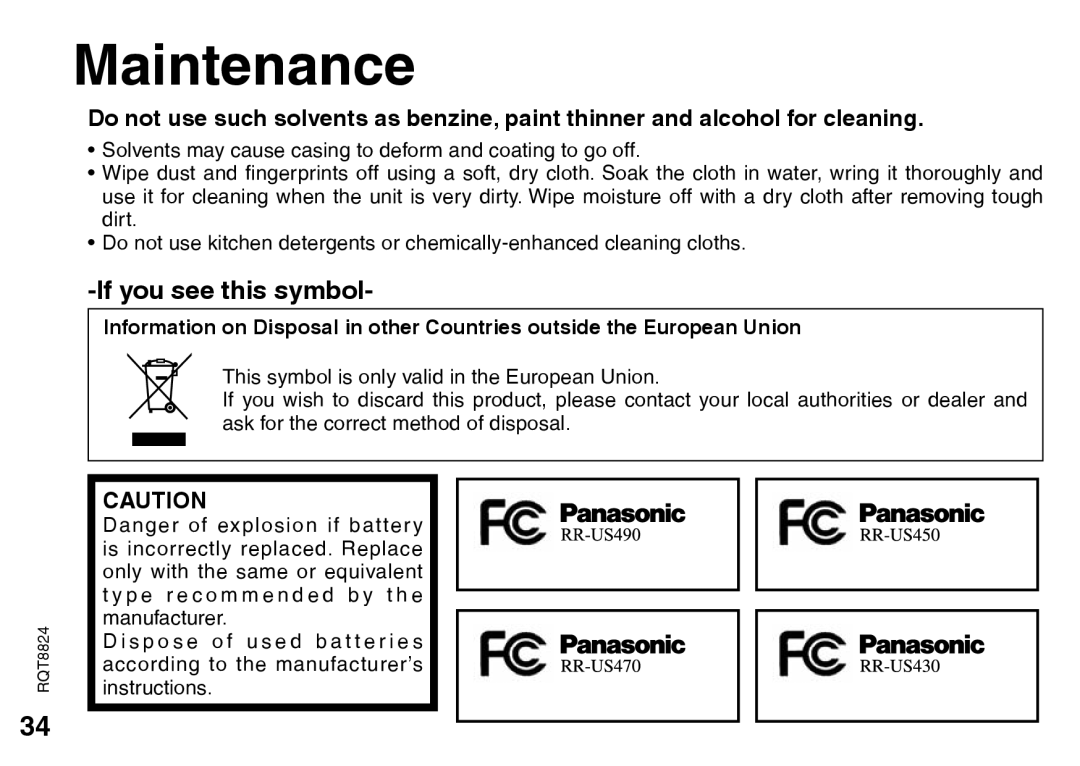 Technics RR-US450, RR-US490, RR-US470, RR-US430 warranty Maintenance, If you see this symbol 