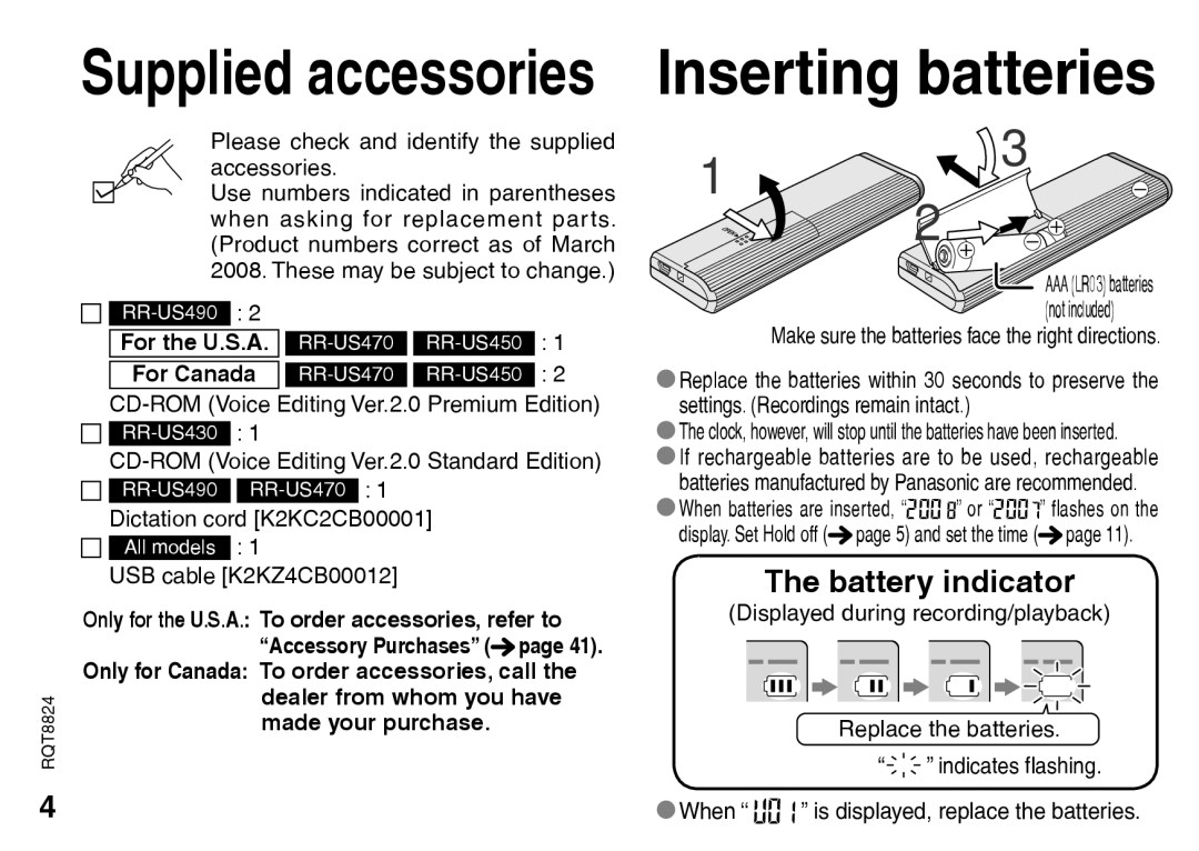 Technics RR-US490, RR-US470, RR-US450, RR-US430 warranty Inserting batteries, For the U.S.A For Canada 