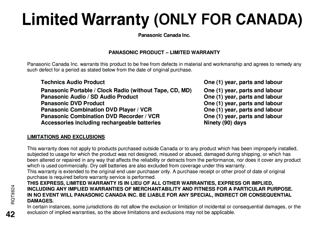 Technics RR-US450, RR-US490, RR-US470, RR-US430 warranty Limited Warranty only for Canada 