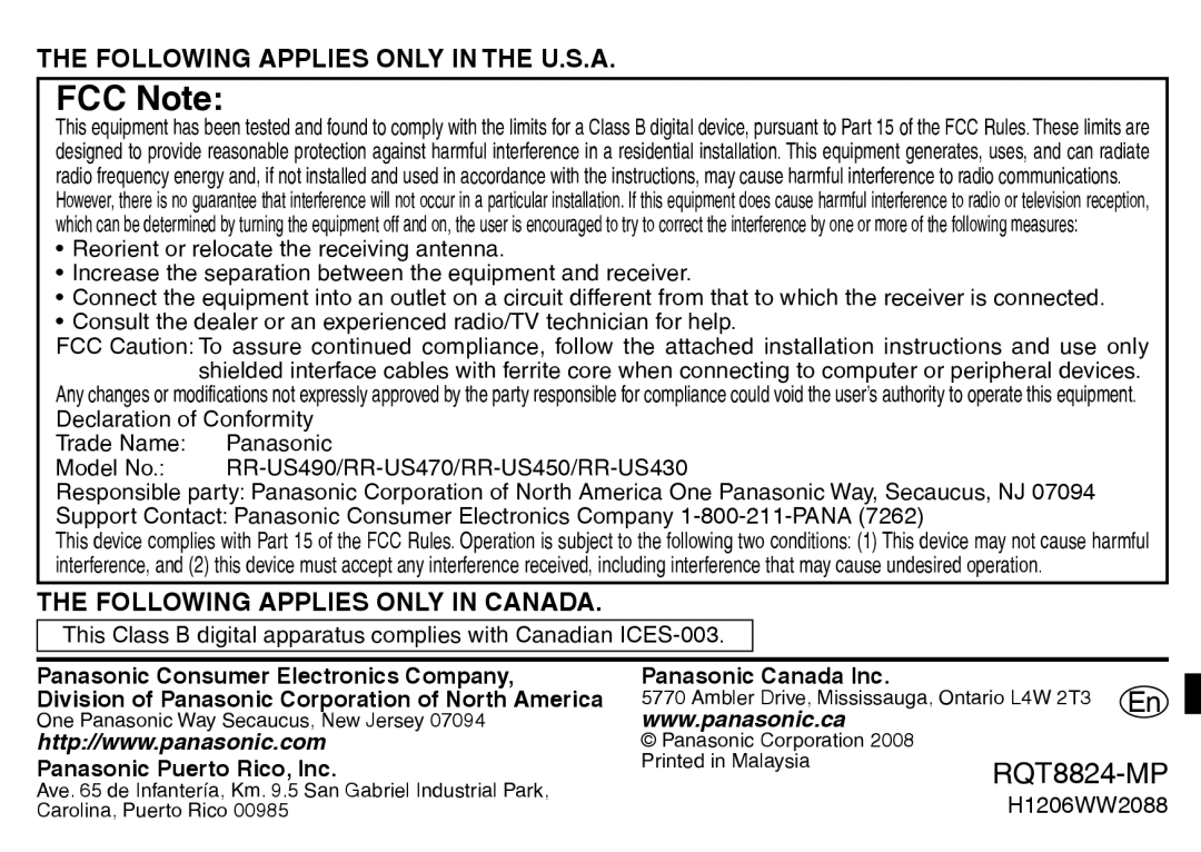 Technics RR-US490, RR-US470, RR-US450, RR-US430 warranty Panasonic Puerto Rico, Inc, Panasonic Canada Inc, H1206WW2088 