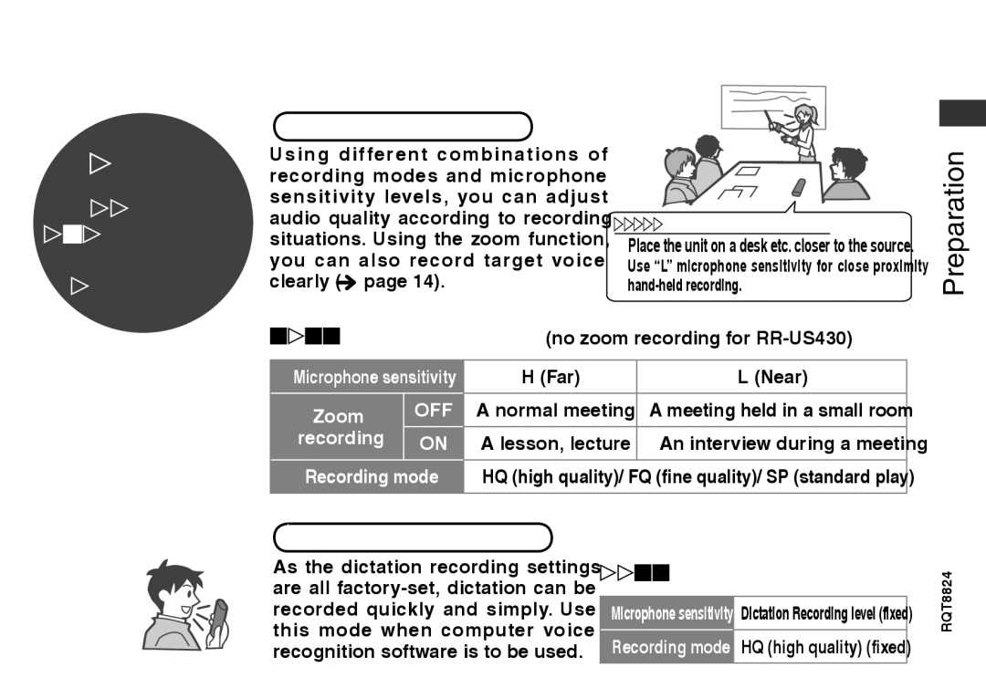 Technics RR-US490, RR-US470 Dictation recording settings, Meeting recording settings no zoom recording for RR-US430 