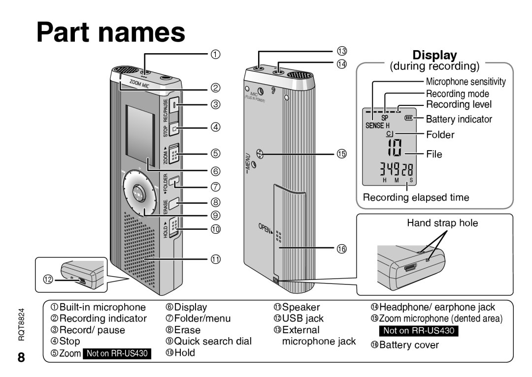 Technics RR-US490, RR-US470, RR-US450, RR-US430 warranty Part names, Display, During recording 